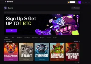 Evo IO Casino frontage with 1 BTC bonus